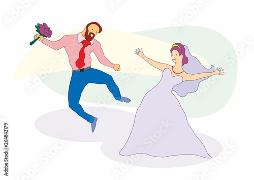 Happy bride and groom, Happy wedding couple, joyful bride and groom. Happy just married young couple celebrating and have fun. Wedding celebration.