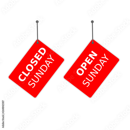 "closed sunday" and "open sunday" tag on red background. 
