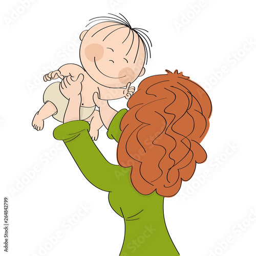 Young mum playing with her little baby, holding him or her in her hands high up in the air. Child is smiling happily. Original hand drawn illustration.