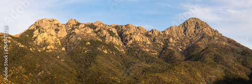 A panoramic view of the Santa Rita Mountains in evening light from Madera Canyon
