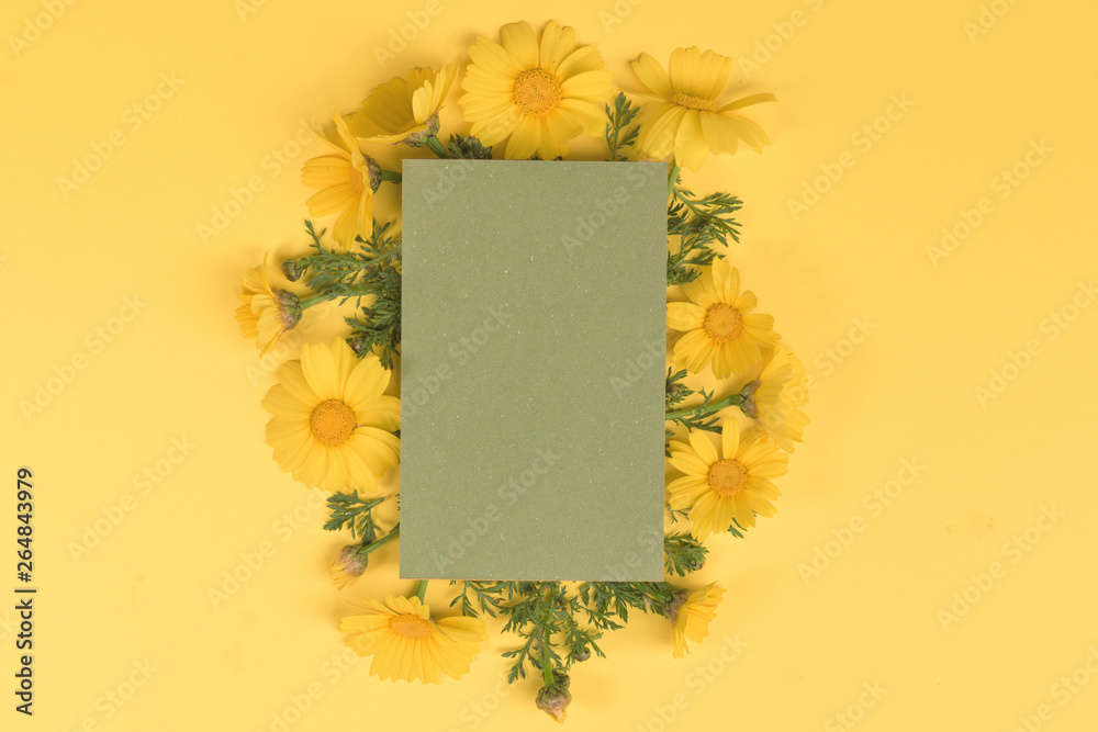 Flowers composition. Paper blank , chamomile flowers on yellow background. Spring, summer concept. Flat lay, top view, copy space, square