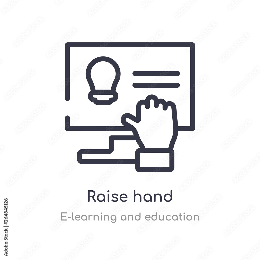 raise hand outline icon. isolated line vector illustration from e-learning and education collection. editable thin stroke raise hand icon on white background raise hand outline icon. isolated line vector illustration from e-learning and education collection. editable thin stroke raise hand icon on white background