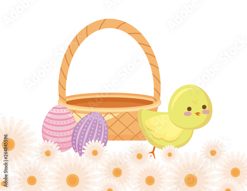 cute chicken with basket wicker with eggs easter