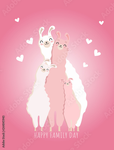 Happy Family Day picture with Llama family. Best Family ever cute feminine design for flyer, card, invitation, typography. Vector illustration.