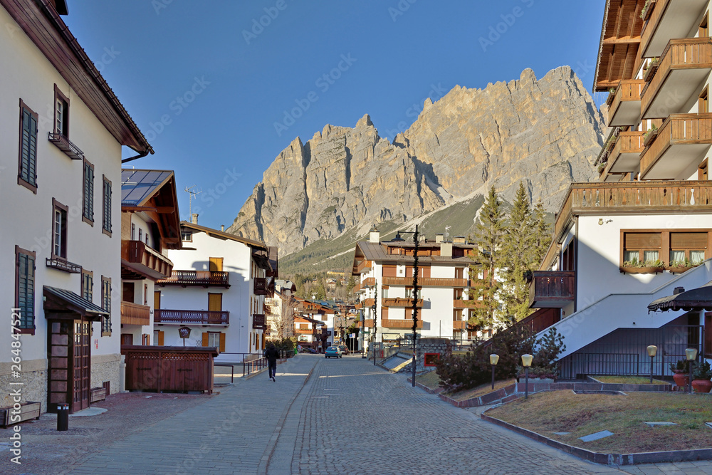 Cortina d'Ampezzo in Italy. Beautiful sunny winter day. Rocks on background.