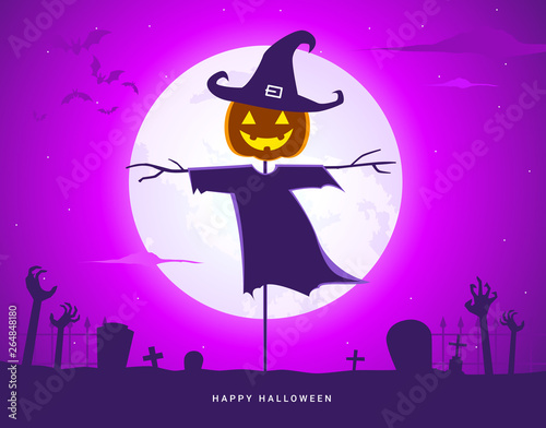 scarecrow in purple moonlight. Isolated Vector Illustration
