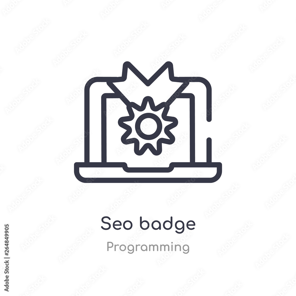 seo badge outline icon. isolated line vector illustration from programming collection. editable thin stroke seo badge icon on white background seo badge outline icon. isolated line vector illustration from programming collection. editable thin stroke seo badge icon on white background