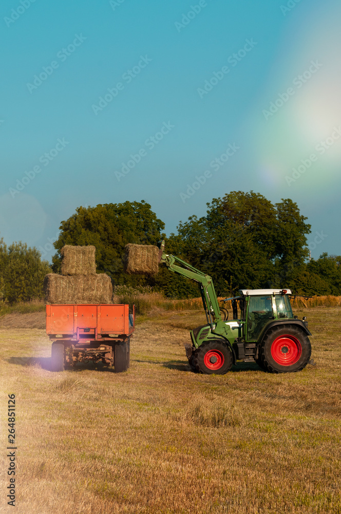 Obraz premium green tractor loading hay bales on a trailer