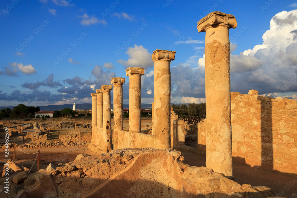 Cyprus, Greek columns and temple ruins at PAphos Archaeological Complex