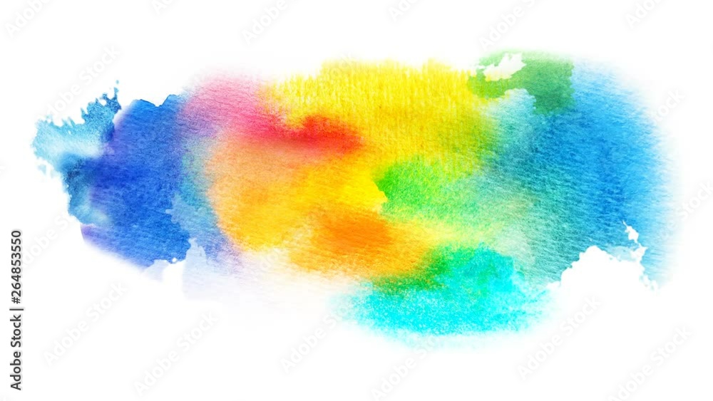 Beautiful multicolored, colorful spot appears on a white background. Bright cyan, yellow, red and orange paints spreads on paper forming a blot.