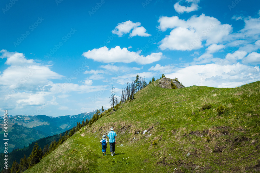 Child and parent taking a walk together on a beautiful mountain trail