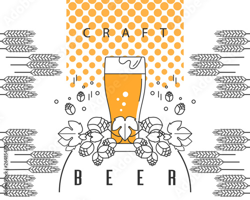 Beer glass, hops and wheat. Craft beer with brewing ingredients. Illustration for brewery, pub, bar, restaurant. Vector concept with ribbon. Modern line style.