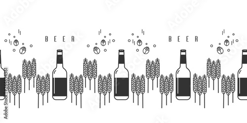 Beer bottles, hops and wheat. Craft beer with brewing ingredients. Illustration for brewery, pub, bar, restaurant. Horizontal seamless pattern on white background. Modern line style.
