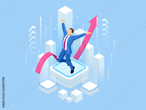 Isometric businessman success, leadership, awards, career, successful projects, goal, winning plan, leadership qualities in a creative team, direction on a successful path concept