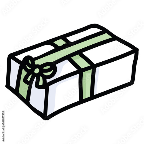 Cute green present cartoon vector illustration motif set. Hand drawn birthday gift box wrapping ribbon. Pastel christmas party graphics. Decorative suprise web buttons.