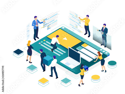 Isometric SEO analytics team concept. Contents creation specialist and article writers. Writing service, IT specialists, search engine optimization analysis