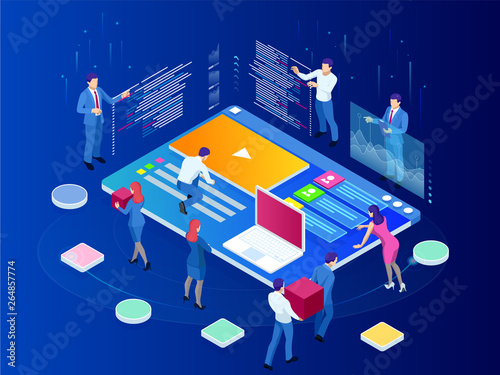 Isometric SEO analytics team concept. Contents creation specialist and article writers. Writing service, IT specialists, search engine optimization analysis
