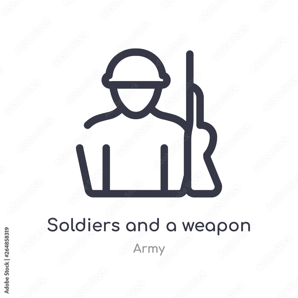 soldiers and a weapon outline icon. isolated line vector illustration from army collection. editable thin stroke soldiers and a weapon icon on white background