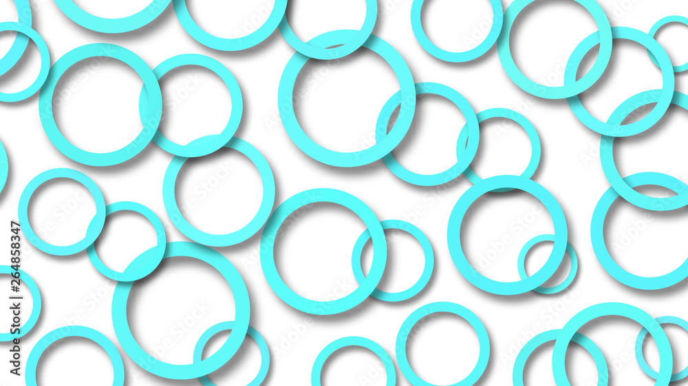 Abstract illustration of randomly arranged light blue rings with soft shadows on white background