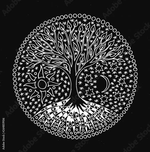 The tree of life. Symbolic black and white hand drawing. Pixel graphics. White picture on black background.