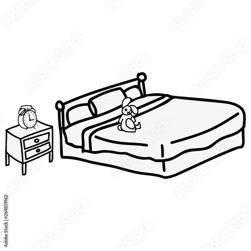 Cute monochrome lineart bedroom cartoon vector illustration motif set. Hand drawn isolated domestic morning and cuddly toy elements clipart for interior blog, cozy graphic, alarm clock web buttons.