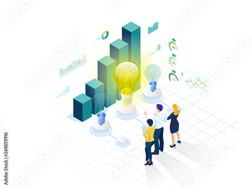 Isometric concept of Idea, business meeting and brainstorming, start up team in a meeting and creative teamwork.