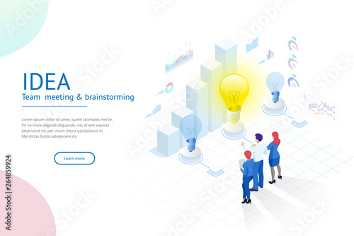 Isometric concept of Idea, business meeting and brainstorming, start up team in a meeting and creative teamwork.