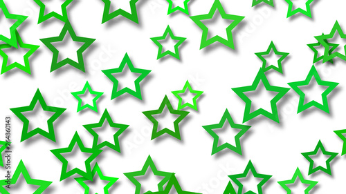 Abstract illustration of randomly arranged green stars with soft shadows on white background
