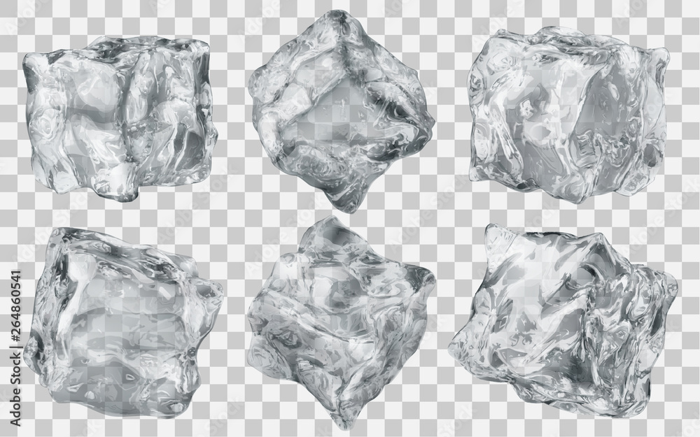 Set of six realistic translucent ice cubes in gray color isolated on transparent background. Transparency only in vector format