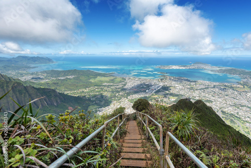 Lush mountain scenes from a ridge trail on Oahu, Hawaii overlooking Kaneohe, Kailua and the windward side of the island