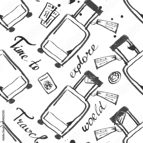 travel baggage seamless pattern. fashion hand drawn ink style with black contour lines isolated on white background. repeatable texture for textile fabric wrapping paper vector illustration