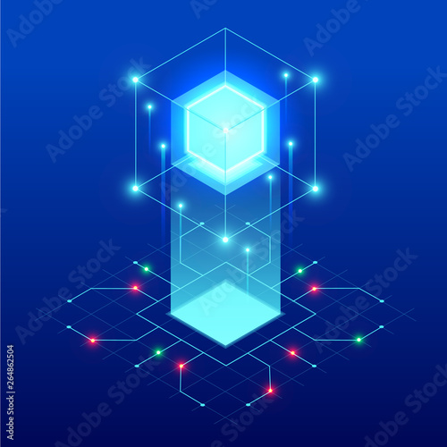 Isometric abstract blue cube design. Digital Technology Web Banner. BIG DATA Machine Learning Algorithms. Analysis and Information.