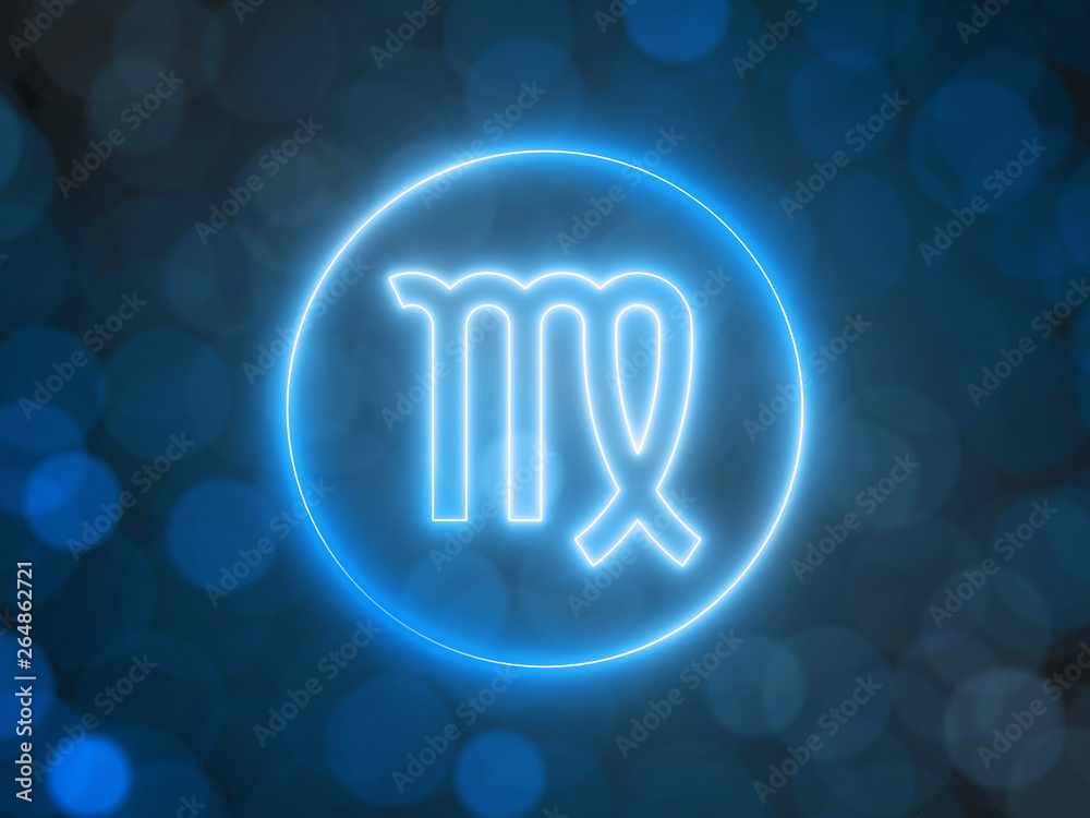glowing neon sign of Virgo with blurred bokeh background. 3d illustration glowing neon sign of Virgo with blurred bokeh background. 3d illustration