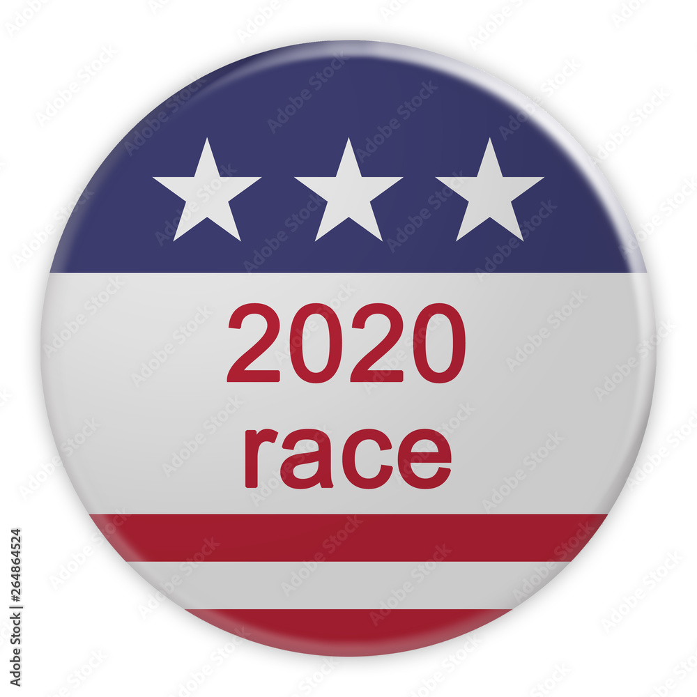 USA Politics News Badge: 2020 Race Button With US Flag, 3d illustration Isolated On White Background USA Politics News Badge: 2020 Race Button With US Flag, 3d illustration Isolated On White Background