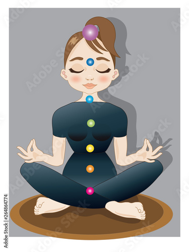 Figura femminile giovane donna pratica yoga con simboli chakra