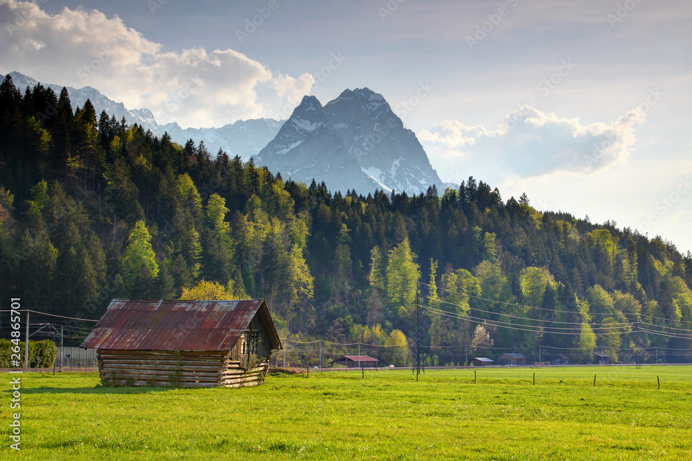 Obraz premium Bavarian rural landscape with Zugspitzmassiv towering above forest and typical wooden barn in sunny meadow in spring, Wetterstein Northern Limestone Alps Garmisch Partenkirchen Bayern Germany Europe