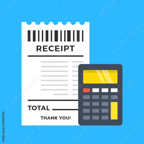Receipt and calculator. Flat design. Vector illustration