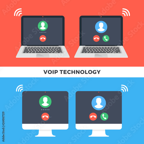 VoIP technology. Computers, laptops and IP telephony, internet telephony, voice over internet protocol, online call concepts. Modern flat style design graphic. Vector illustration