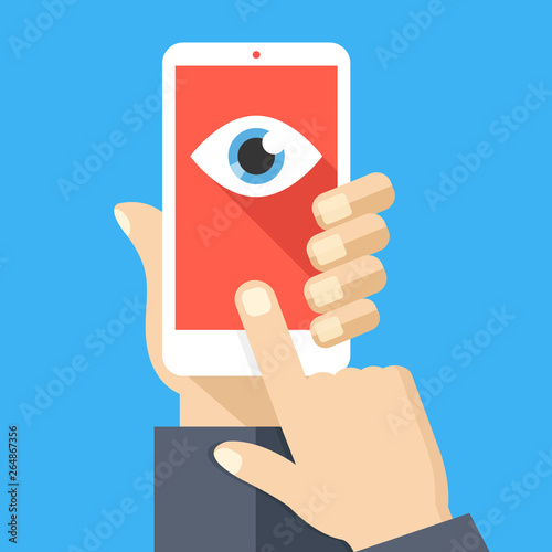 Face recognition, surveillance concepts. Hand holding smartphone, finger touching screen. Mobile phone with eye icon on screen. Flat design. Vector illustration