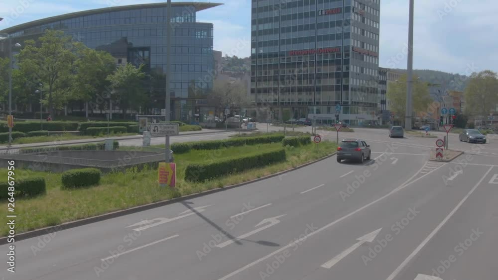 Flying through the Konrad-Adenauer-Straße in Stuttgart on sunny day Flying through the Konrad-Adenauer-Straße in Stuttgart on sunny day