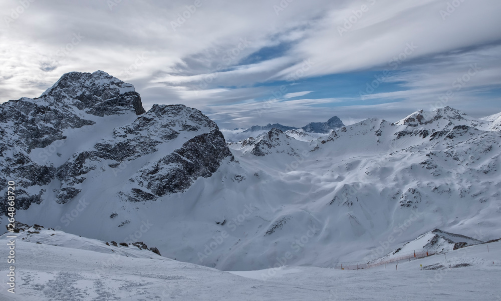 Winter landscape in St. Moritz (German: Sankt Moritz; Italian: San Maurizio), a resort town in the Engadine valley in Switzerland Winter landscape in St. Moritz (German: Sankt Moritz; Italian: San Maurizio), a resort town in the Engadine valley in Switzerland