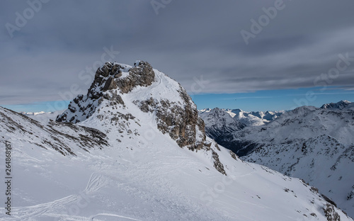 Winter landscape in St. Moritz (German: Sankt Moritz; Italian: San Maurizio), a resort town in the Engadine valley in Switzerland