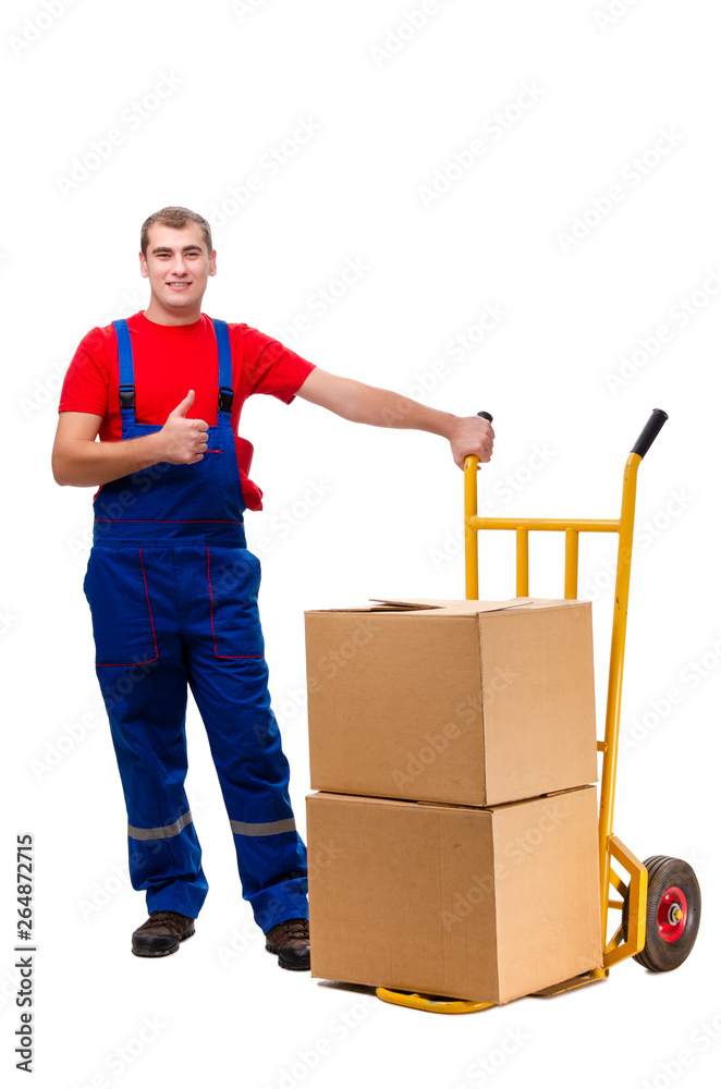 Young male courier with box isolated on white Young male courier with box isolated on white