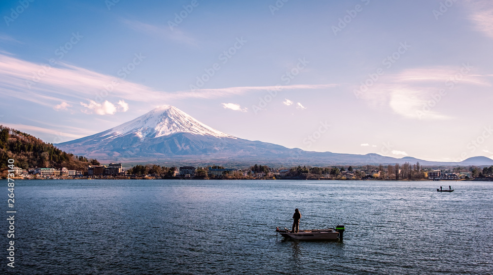 Mt.Fuji in the morning and fisherman, View from Kawaguchiko lake , Yamanashi , Japan
