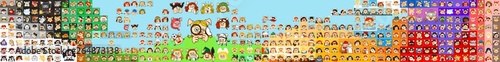 set of 350 pig girls emoji on a colorful mosaic landscape, collection of simple female piggy emoticon characters expressing all kinds of emotions, gestures, signs and facial expressions, icon pack