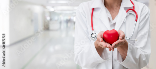 Doctor holding a red heart at hospital office. Medical health care and doctor staff service concept. photo