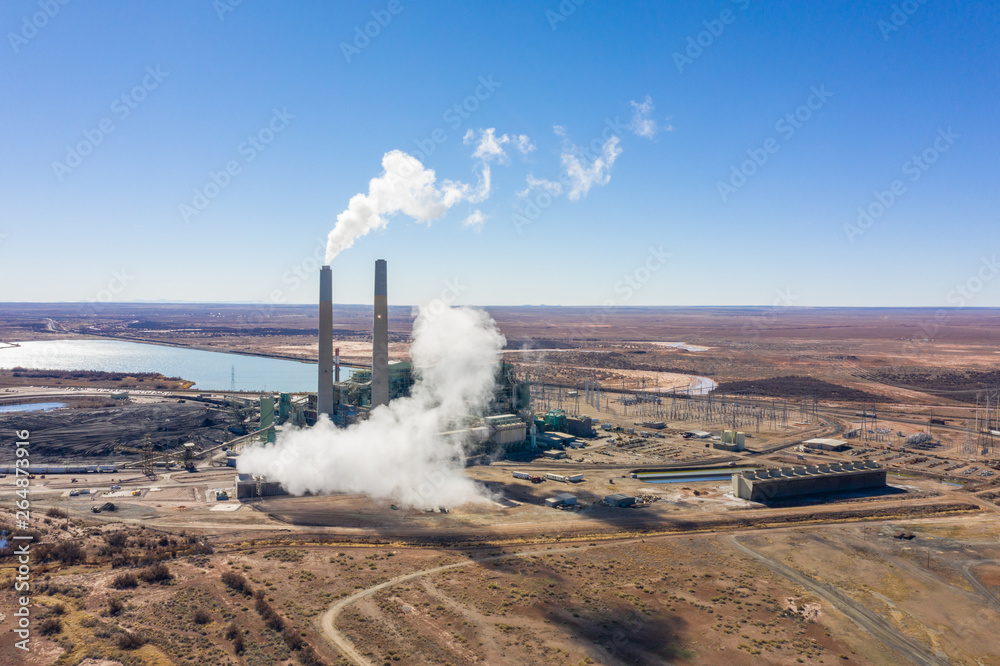 Aerial photo coal power plant in the desert landscape