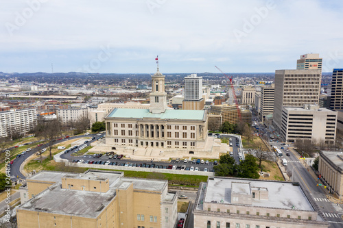 Aerial drone photo of the Tennessee State Capitol and Downtown Nashville