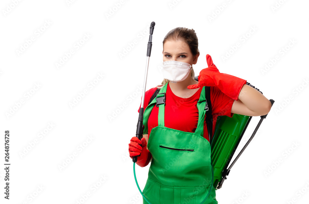 Female pest control contractor isolated on white Female pest control contractor isolated on white