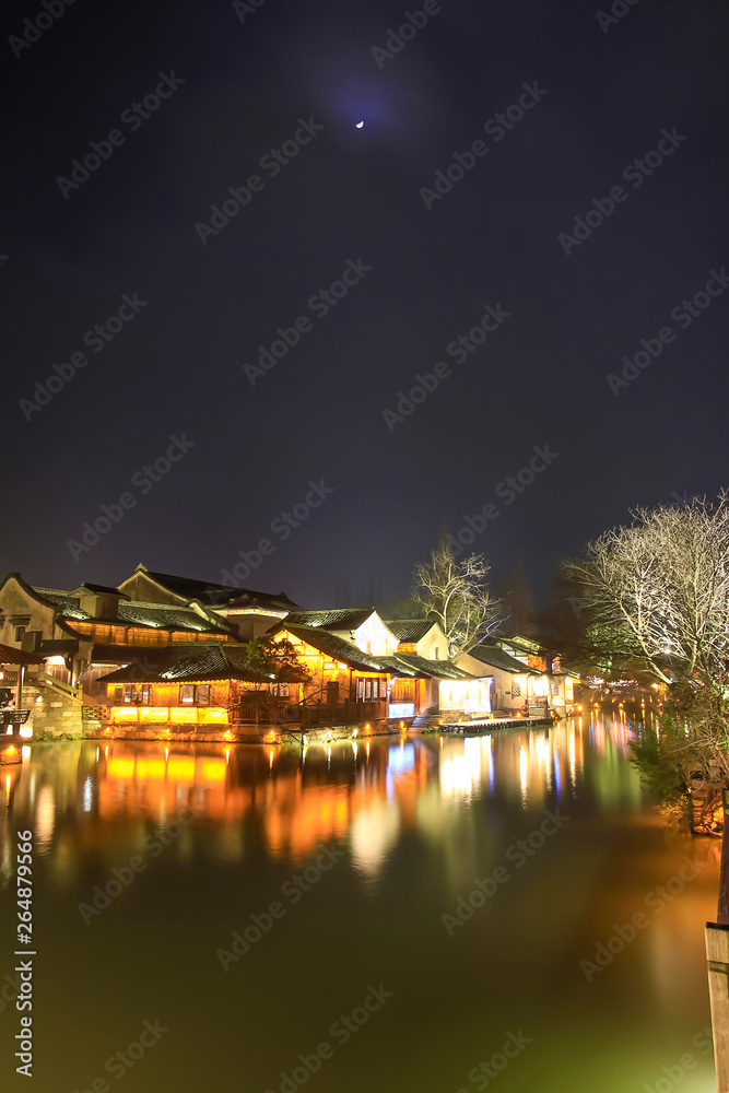 China wuzhen feature of jiangnan building at night